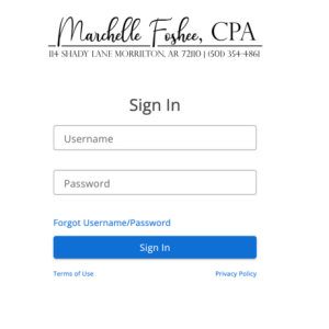 Marchelle Foshee CPA Client Portal Screen Shot with Username and Password boxes and Sign In Button